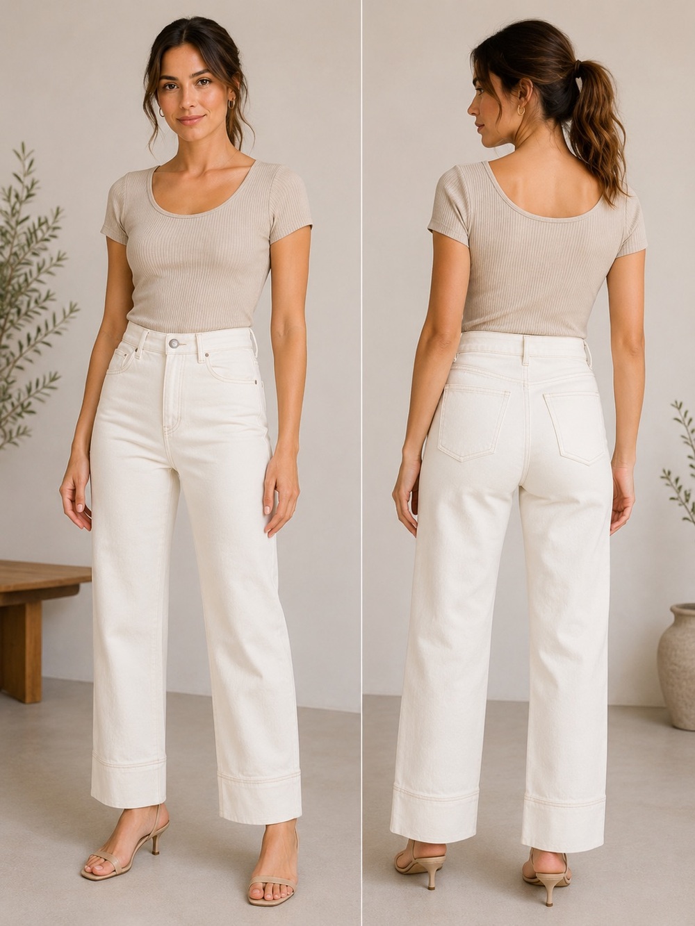 Massimo Dutti Women’s Off White High Rise Wide Leg Cropped Jeans Cuffed Hem